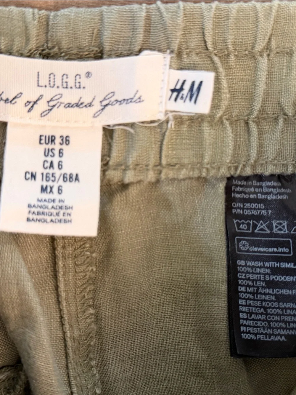 H&M khaki Green Drawstring 100% Linen Womens Pants Sz-6. FF13
